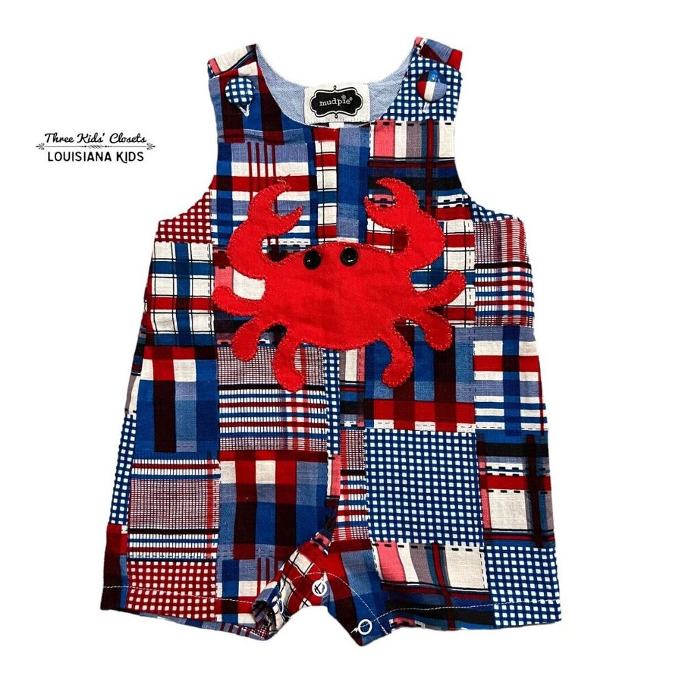 Mud Pie 0-6m Red White Blue Crab Appliqué Shortall Romper